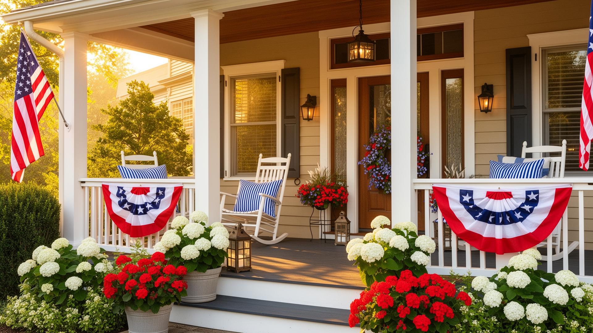 A beautifully decorated porch with seasonal flowers and accents